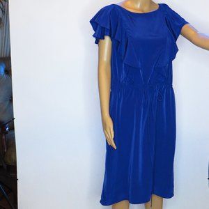 Dress, Smokey Blue, Size 16, Front ruffles, Cinched waist Tie, Drape bell sleeve